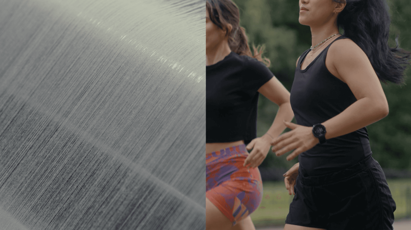 Close-up of TENCEL™ Lyocell fiber alongside two women running outdoors in activewear, illustrating the moisture management and comfort benefits of lyocell fibers in sportswear applications